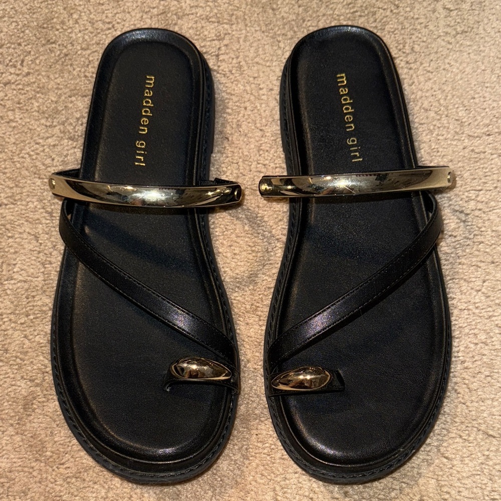 Madden Girl Black Slides with Gold Details